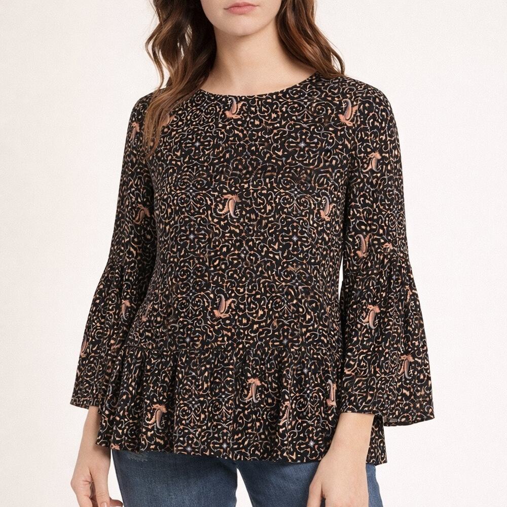 Madewell Silk Fiesta Top Black Pink Paisley Womens M Boho Ruffles Flared Sleeves